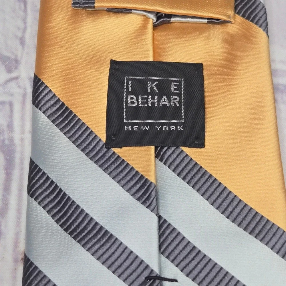 Ike Behar Tie Gold Silver Grey Striped Silk Cotton Blend Business Dress Mens